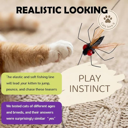 Cat Insect Feather Toys Replacement - 2 Pcs Handmade Natural Flies - Cat Toy Wand Refills - Interactive Kitten Teaser Wand Attachments - Cat Toys for Indoor Cats Play