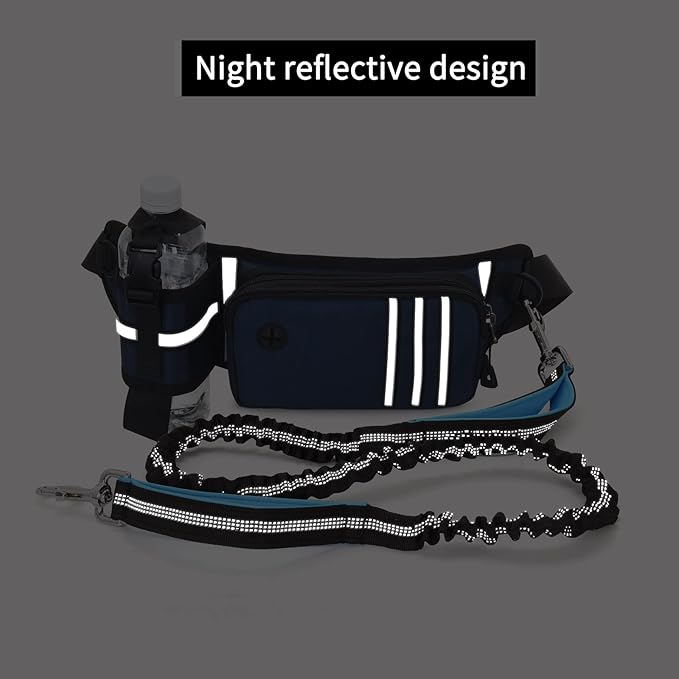 Hands Free Dog Leash with Waist Bag for Medium to Large Dogs, Dual-Handle Reflective Bungee Leash with Poop Bag Dispenser Pouch, Adjustable Waist Belt for Night Walking Jogging Hiking