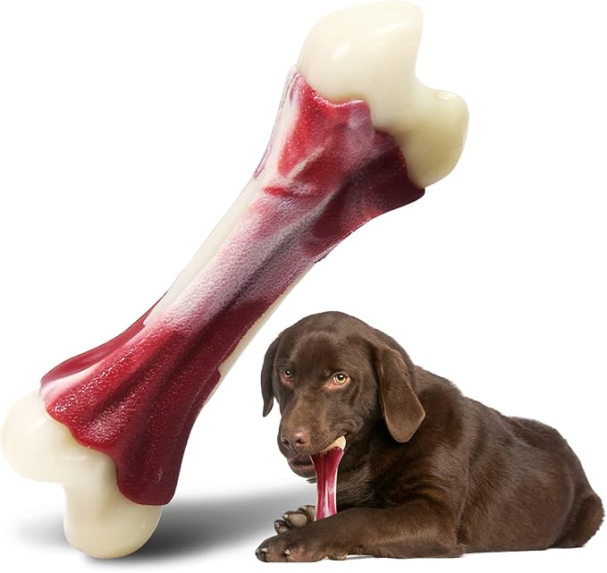 Dog Chew Toys for Aggressive Chewers - Bacon Flavor Indestructible Nylon Dog Bone Toys Tough Teething & Calming Interactive Toys for Large Medium Breeds(10lbs-70lbs) Birthday Gift Christmas