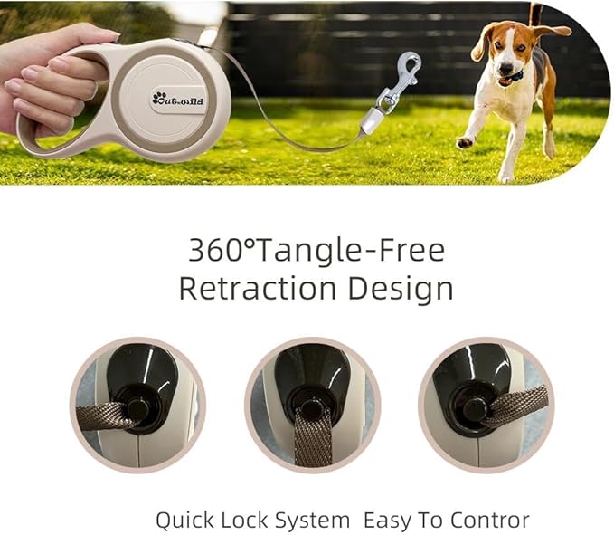 OUTnWILD Retractable Dog Leash - Retractable Dog Leash 16ft for Small/Medium Breeds/Pets Up to 44lbs. 360° Tangle Free Design with One Touch Quick-Lock Braking System&Anti-Slip Handle. (Khaki, M)