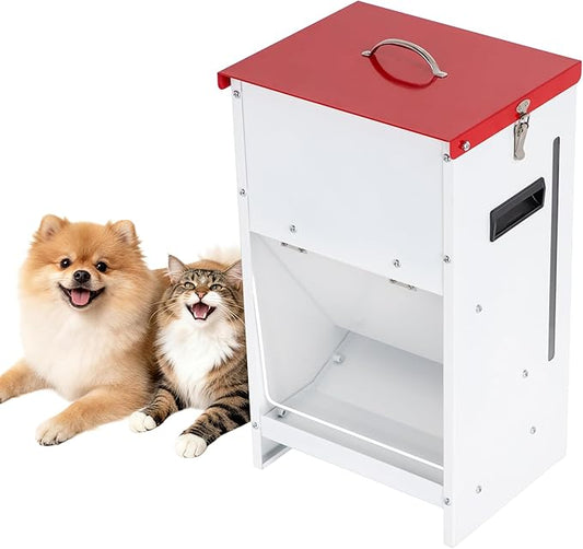 Automatic Dog Feeder - 15LBS Food Capacity Automatic Gravity Dispenser, Powder Coated & Waterproof for Indoor & Outdoor Use, 10.2" L x 8.3" W x 19" H, Red and White