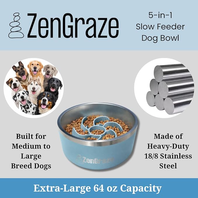 Stainless Steel Slow Feeder Dog Bowl for Large Dogs | 64 oz, Non-Slip Base with Textured Lick Mat Lid & Silicone Slow Feeder Insert – Deep Anti-Gulp Metal Puzzle Bowl for Large Breeds (Eli Blue)