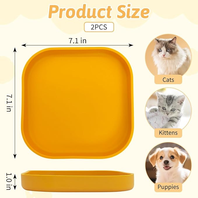 Fhiny 2PCS Silicone Cat Bowls Set 7.1 x 7.1 in Shallow Dog Dish Whisker Friendly Cat Food Plate for Dry & Wet Food Dishwasher Safe Non-Slip Pet Feeding Bowls for Kittens and Puppies (Yellow)