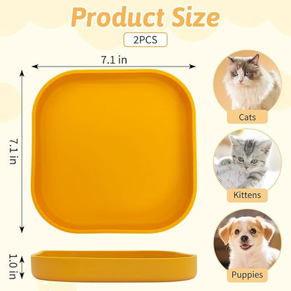 Fhiny 2PCS Silicone Cat Bowls Set 7.1 x 7.1 in Shallow Dog Dish Whisker Friendly Cat Food Plate for Dry & Wet Food Dishwasher Safe Non-Slip Pet Feeding Bowls for Kittens and Puppies (Yellow)