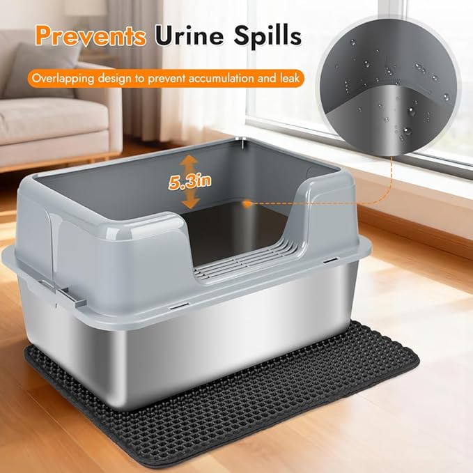 Vivifying XL Stainless Steel Cat Litter Box, High Side Metal Litter Pan with Scoop and Mat for Big Cats, Kittens, Rabbits and Hamsters, Easy Cleaning Design (Gray)
