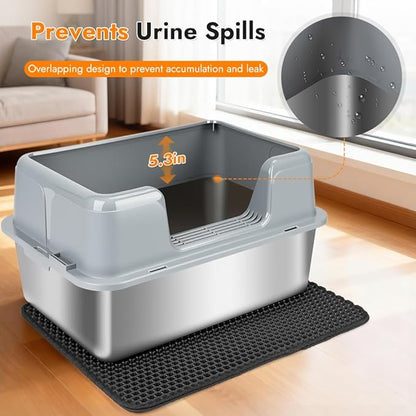 Vivifying XL Stainless Steel Cat Litter Box, High Side Metal Litter Pan with Scoop and Mat for Big Cats, Kittens, Rabbits and Hamsters, Easy Cleaning Design (Gray)