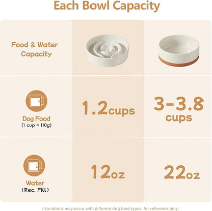 Ceramic 1.2 Cup Raised Slow Feeder Dog Bowl Set, Elevated 6.1inch Bowl and 7.3inch Dish with Acacia Wood Stand for Small and Medium Dogs(2 x Vanilla White+ Stand)