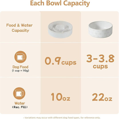 Ceramic 0.9 Cup Raised Slow Feeder Dog Bowl Set, Elevated 6.1inch Water Bowl and 6.1inch Slow Dish with Acacia Wood Stand for Small Dogs (2 x Reactived Glaze -White+ Stand)