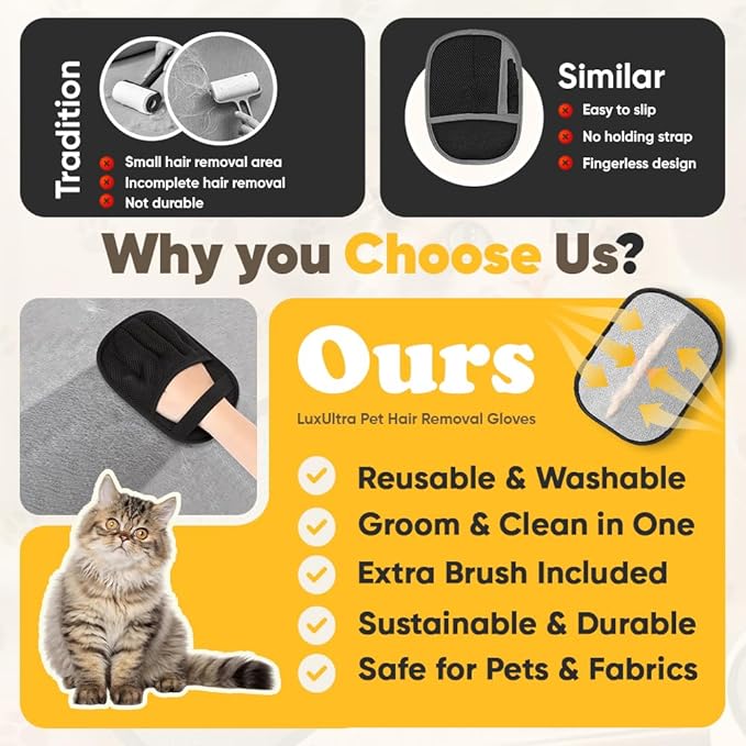 Pet Hair Removal Glove 2 Pack - Electrostatic Cat Hair Remover for Couch Furniture | Dog Hair Remover Magic Brush Reusable | Pet Hair Remover for Clothes Laundry Carpet Car Seat [with Grooming Brush]