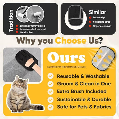 Pet Hair Removal Glove 2 Pack - Electrostatic Cat Hair Remover for Couch Furniture | Dog Hair Remover Magic Brush Reusable | Pet Hair Remover for Clothes Laundry Carpet Car Seat [with Grooming Brush]