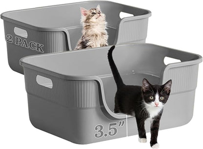 2 Pack Low Entry Kitty Litter Box for Small Cats, Kittens Litter Boxes with High Sides, Open Top, Anti-Splash Plastic Litter Pan for Medium Pets, Easy to Clean, 16.5" L*11.8" W*7" H (Grey)