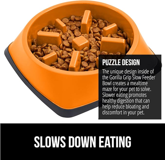 GORILLA GRIP Patented BPA Free Slow Feeder Dog Bowls, 4 Cup Interactive Puzzle Toy for Dogs and Cats Food Training Enrichment, Keeps Pets Busy and Prevents Puppy Overeating, Large Breeds, Orange
