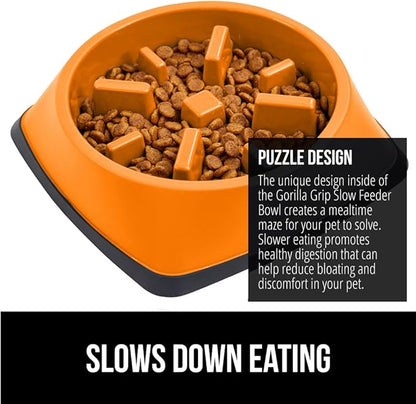 GORILLA GRIP Patented BPA Free Slow Feeder Dog Bowls, 4 Cup Interactive Puzzle Toy for Dogs and Cats Food Training Enrichment, Keeps Pets Busy and Prevents Puppy Overeating, Large Breeds, Orange