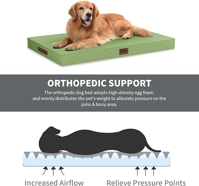 Outdoor Extra Large Dog Bed, Jumbo Waterproof Dog Bed for Large Dogs, Orthopedic Egg Crate Foam Pet Mat with Removable Oxford Cooling Cover, Light Green