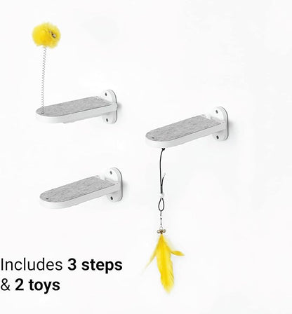 SVD.PET (3-Pack) Cat Wall Steps, Cat Climbing Stairs with Replaceable Felt Pad, Cat Climbing Shelves for Wall Mounted with Cat Toy, Cat wall Furniture for Kitten, Medium and Large Cats (White)