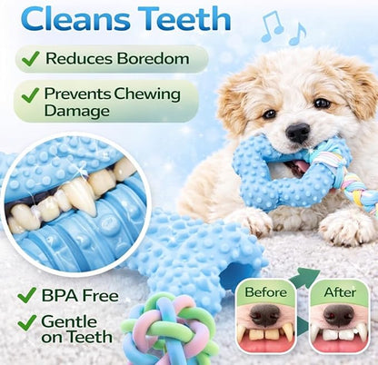 Chew Toys for Small Dogs – 6 Pack Teething Set, Soft Rubber, Eco-Friendly, Teeth Cleaning, Interactive Blue Dog Toys