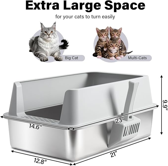 2PACK Stainless Steel Litter Box, Extra Large Cat Litter Boxes for Big Cats, XL Metal Cat Litter Box with High Sides Lid, Anti-Urine Leakage, Non-Sticky, Scoop and Mat Included