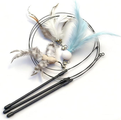 Cat Toy Wand Interactive Toys for Indoor Cat 6 in 1 Natural Bird Feather Ball Toys Pet Dancing Playing Kitten Cat Having Fun Exerciser Toy 3 Wands and 3 Assorted Teaser Refills