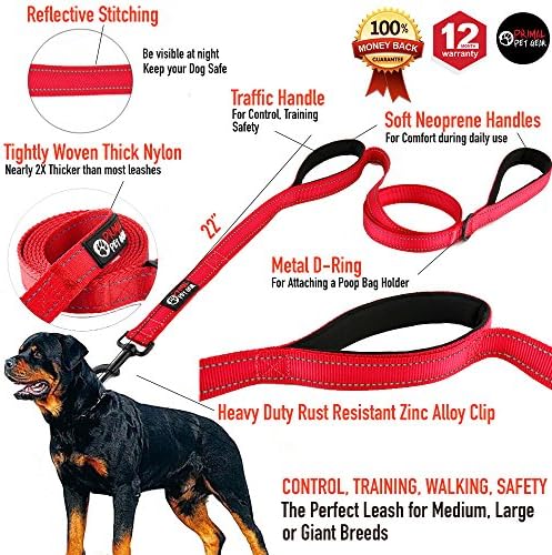 Primal Pet Gear Dog Leash 6ft Long,Traffic Padded Two Handle,Heavy Duty,Reflective Double Handles Lead for Control Safety Training,Leashes for Large Dogs or Medium Dogs,Dual Handles Leads(Red) - Image 2