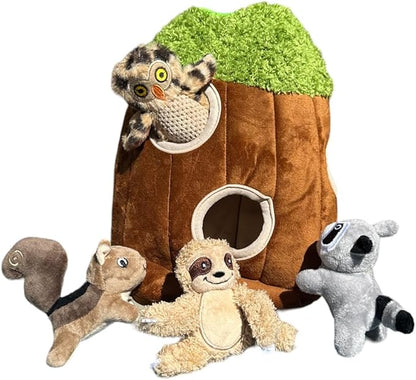 Glow Pups Hide and Seek Dog Toy, Interactive Plush Burrow Toy with Squeaker for Puppies, Woodland Animals Inside Trunk, Mental Stimulation, Medium Size, Brown (Raccoon, Squirrel, Sloth, Owl)