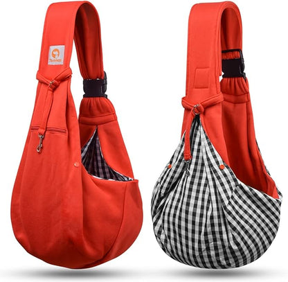 Tomkas Small Dog Cat Sling Carrier Puppy Purse Travel Wrap Soft Crossbody Pet Bag (Red, M - Zip Pocket & Adjust Strap)