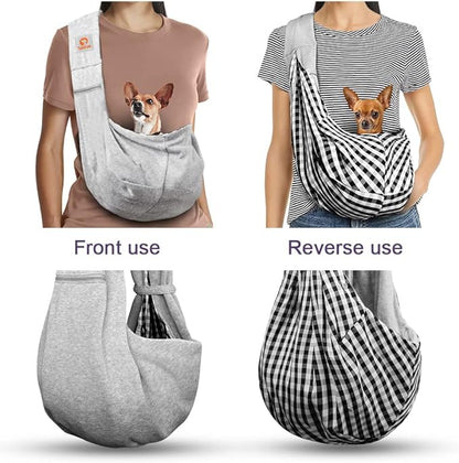 Tomkas Small Dog Cat Sling Carrier Puppy Purse Travel Wrap Soft Crossbody Pet Bag (Grey, M - Zip Pocket & Adjust Strap)