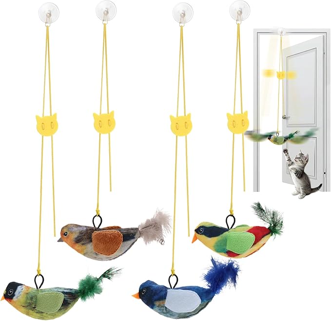 4 Pcs Interactive Cat Toys for Indoor Cats, Chirping Bird Cats Feather Toys, Flying Bird Cat Toys, Chase Exercise Door Frame Toy for Bored Kittens Adult Cats