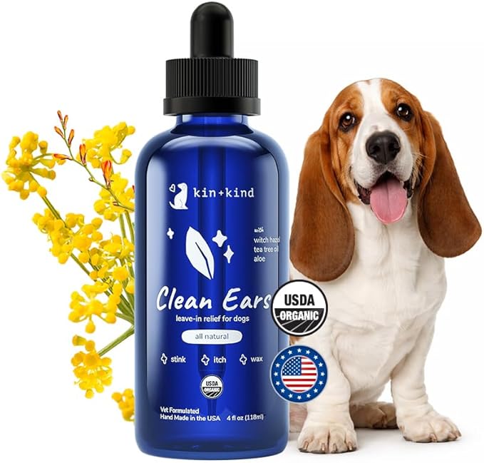 kin+kind Clean Ears - Natural Leave-in Dog Ear Cleanser - Certified USDA Organic - Fragrance Free - 4 fl oz