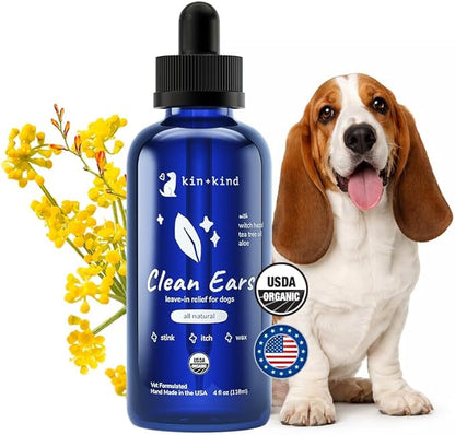 kin+kind Clean Ears - Natural Leave-in Dog Ear Cleanser - Certified USDA Organic - Fragrance Free - 4 fl oz