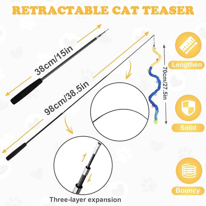 Cat Wand Toy, 9Pcs Retractable Plush Srtip Cat Teaser Wand Toys with Bell & String, Long Interactive Wand Toys for Indoor Kitten, Exercise