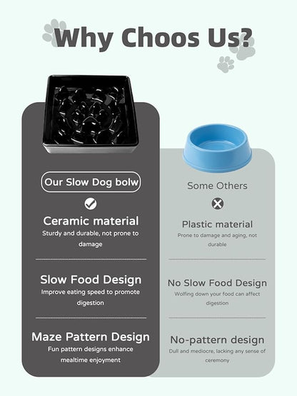 Ceramic Slow Feeder Dog Bowl, 1.8 Cup Fun Pet Food Dish for Small & Medium Breeds to Slow Down Eating, Anti-Gulping, Stop Bloat, Preventing Choking (Black)