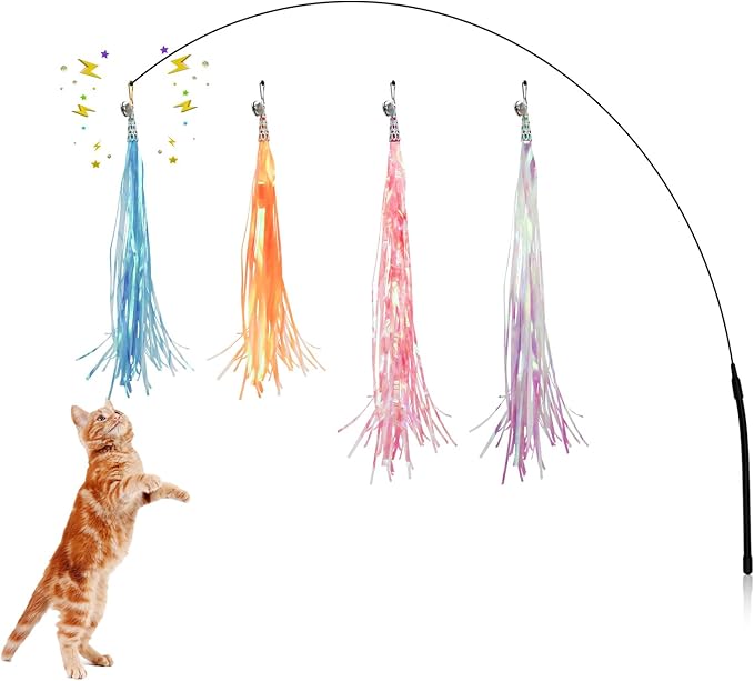 Andiker Cat Wand Toy with 2 PCS 12 Inches Replaceable Colorful Rainbow Tassels and Little Bells Funny and Interesting Cat Toys for Indoor Cats Keeping Fit (4 Tassles, Count, 5)