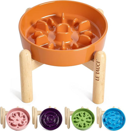 LE TAUCI Ceramic Slow Feed Dog Bowls, Elevated, Anti-Gulping, Non-Slip, 6 inch, Orange
