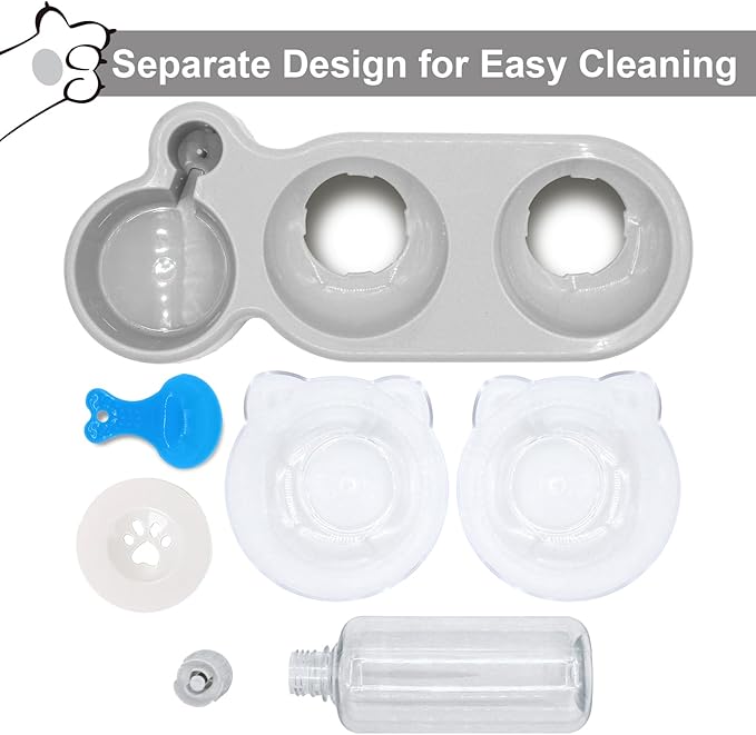 Triple Cat Bowls with Water Dispenser, Pet Whisker Friendly Water and Food Bowl Set with Non-Slip Mat, 15° Tilted Double Feeding Bowls, Elevated Wet and Dry Food Dish for Kitten&Small Dog (Grey)