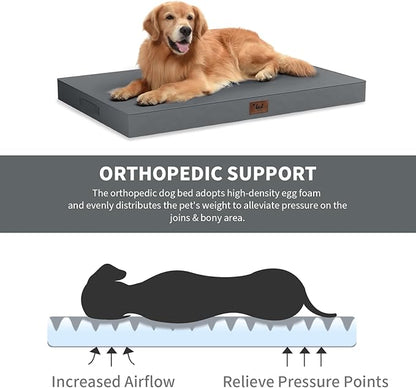 Outdoor Dog Bed for Medium Dogs, Waterproof Dog Crate Mat Orthopedic Egg Crate Foam Pet Bed with Washable Removable Oxford Cover, Grey