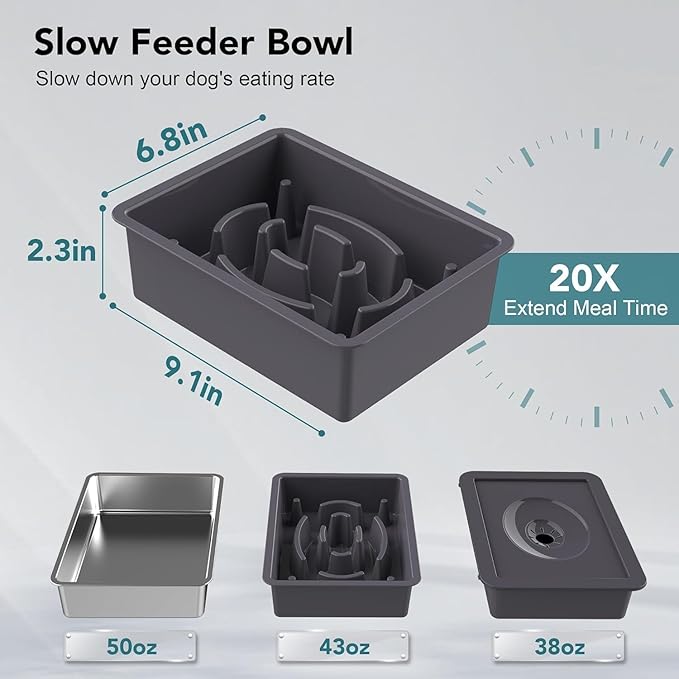 3-in-1 Elevated Dog Bowls Slow Feeder, 4 Height Adjustable Raised Dog Bowl with 2 Pcs Wooden Lids, No Spill Water Bowl Dispenser, Stainless Steel Pet Food Bowls for Medium Dogs
