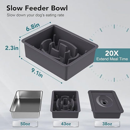 3-in-1 Elevated Dog Bowls Slow Feeder, 4 Height Adjustable Raised Dog Bowl with 2 Pcs Wooden Lids, No Spill Water Bowl Dispenser, Stainless Steel Pet Food Bowls for Medium Dogs