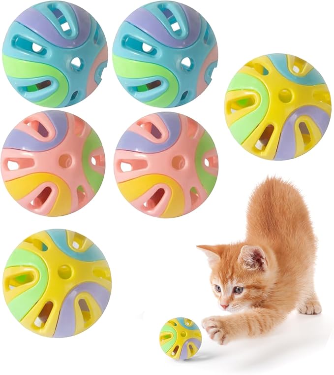 Colorful 1.9" Cat Toy Balls with Bell 6PCS, Interactive Hollow Design, Plastic, Training Exercise Toy(3 in 1 Color B)