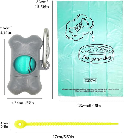 Dog Poop Pickup Bags Holder Dispenser with Standard-Sized Leak-Proof Scented Doggy Waste Bags and Carabiner with Safety Lock&Fastener Never Loose on Leash Lead Again (1 Holder 15 Bags, Grey)