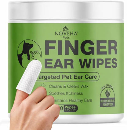 NOVEHA 50PCs Dog Ear Wipes Finger Glove Fit | Easy Ear Cleaning for Dogs & Puppies, Cats & Kittens | Gentle Pet Ear Cleaner Finger Wipes for Puppy, Kitten & More | Cat & Dog Ear Wash | Pet Supplies