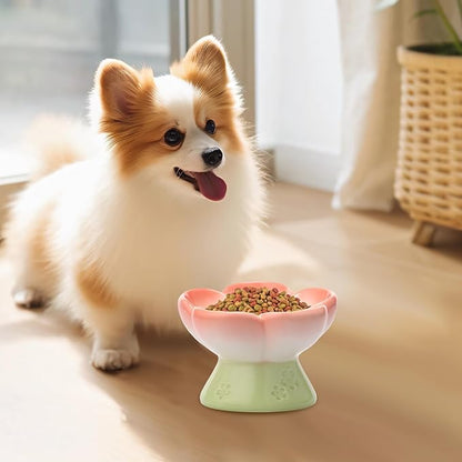 Ceramic Raised Slow Feeder Dog Bowl for Dry Wet Food, Smooth Surface Elevated Cat Food Bowl, Flower Shape Pet Food Bowls for Small Cat Dog, 150ml/5oz (Style 2)