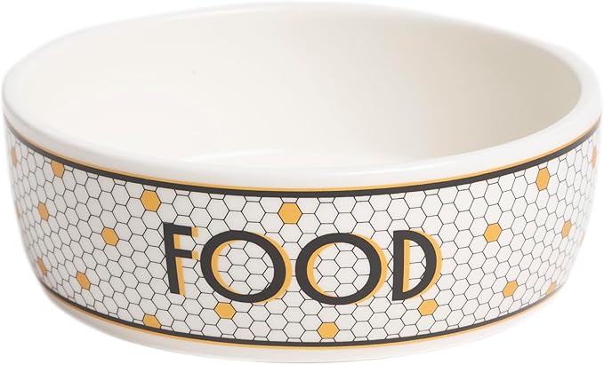 Pearhead Ceramic Dog Food Bowl – Bistro Tile Honeycomb with Gold Accents Stoneware Pet Food & Water Bowl for Small Dogs, Weighted Non-Plastic Feeding Dish, Small/Medium 2.25 Cups/ 18 oz