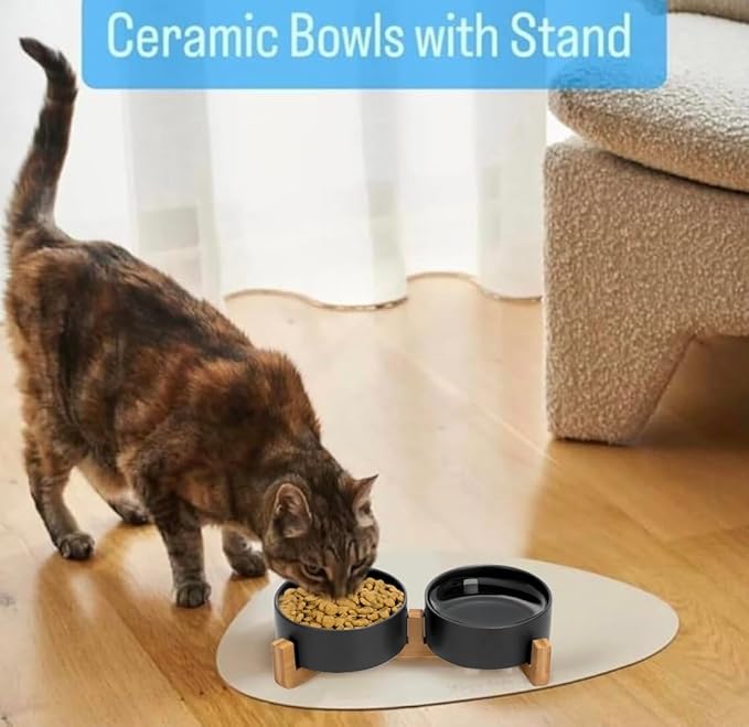 Ceramic Cat and Small Dog Bowl Set – Modern Indoor Small Size Pet Food and Water Bowls with Wood Stand – Non Slip Puppy Sized Feeding Station with Double Dishes (Black)
