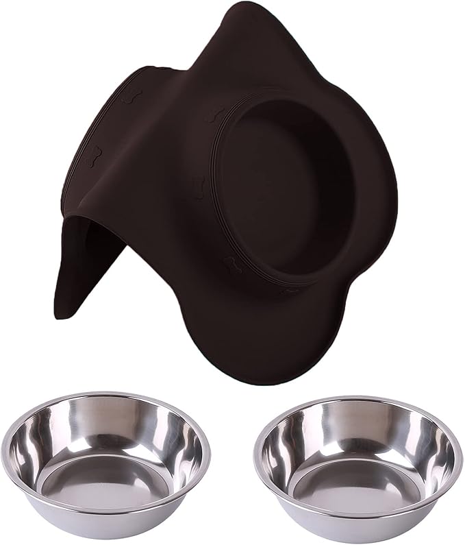Hubulk Pet Dog Bowls 2 Stainless Steel Dog Bowl with No Spill Non-Skid Silicone Mat + Pet Food Scoop Water and Food Feeder Bowls for Feeding Small Medium Large Dogs Cats Puppies (X- Large, Chocolate)