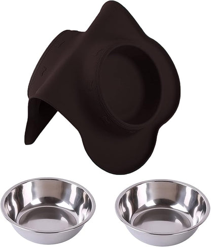 Hubulk Pet Dog Bowls 2 Stainless Steel Dog Bowl with No Spill Non-Skid Silicone Mat + Pet Food Scoop Water and Food Feeder Bowls for Feeding Small Medium Large Dogs Cats Puppies (Large, Chocolate)