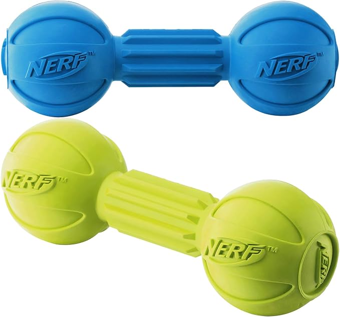 Nerf Dog Chewable Barbell Dog Toy, Lightweight, Durable and Water Resistant, 7.5 Inches, For Medium/Large Breeds, Two Pack, Blue and Green (8953)
