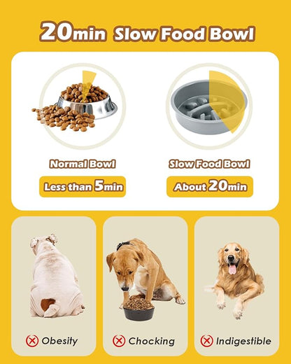 Elevated Dog Bowls with Slow Feeder & Mat, Adjusable Height Raised Dog Bowl Stand with 2 Stainless Steel 1200ML Bowl