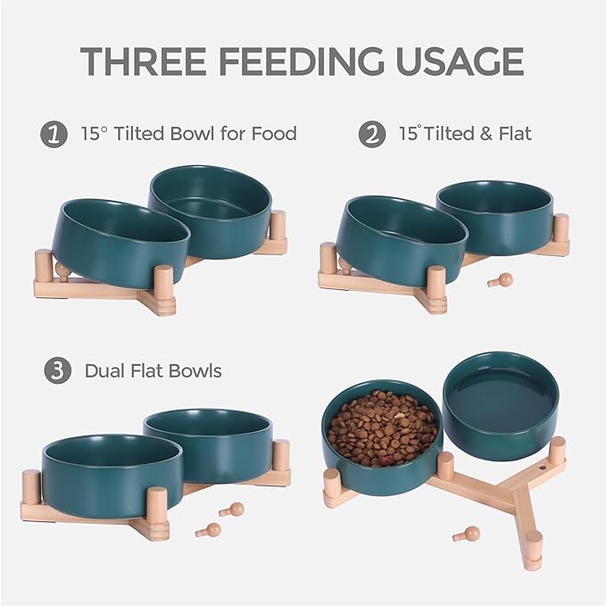 Ceramic Dog Bowl and Cat Bowls Set with 15° Adjustable Wood Stand, Non-Slip Weighted Pet Food and Water Bowls, Dual Raised Feeder for Small Dogs, Matte Glaze Pet Dish 13.5oz Set of 2 (Forest Green)