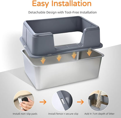 Stainless Steel Cat Litter Box with Lid, 23.7" L x 15.8" W x 13.8" H XL Metal Kitty Litter Box for Big Cats, High Sided Enclosure, Non-Sticky, Anti Urine Leakage, Easy Cleaning