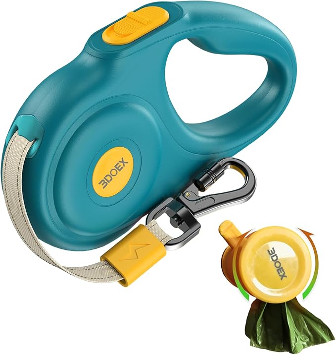 Retractable Dog Leash 16FT for Small & Medium Dogs, Sturdy Heavy-Duty Nylon Tape with Secure Locking Carabiner & Poop Bag Holder, Smooth One-Hand Control, Anti-Slip Handle, Tangle-Free Design (Green)